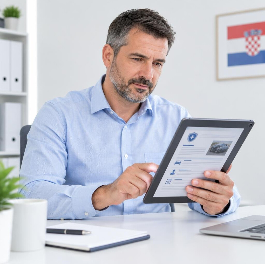 Man reviewing digital documents on a tablet at a desk