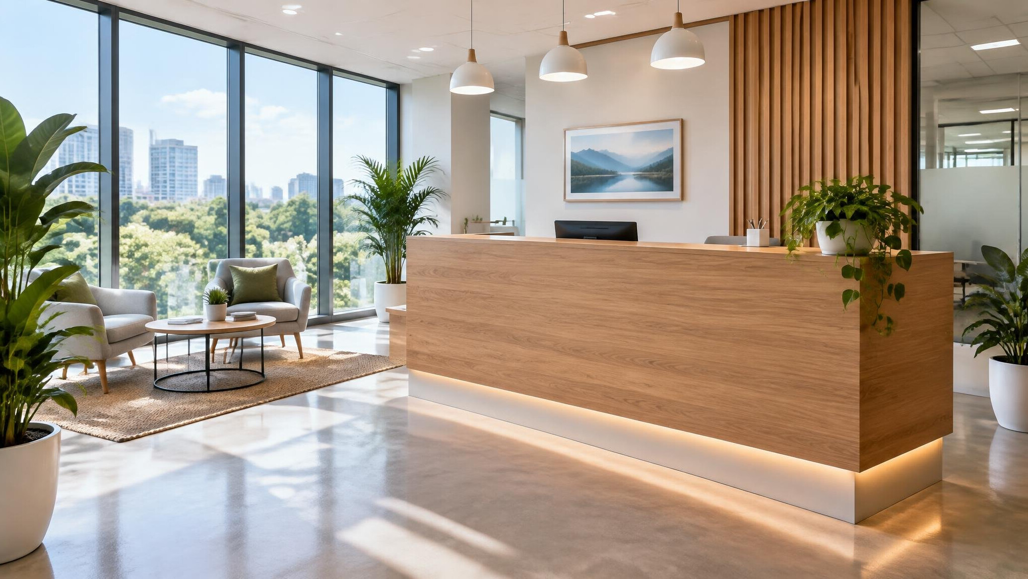Bright office reception area with a desk and plants