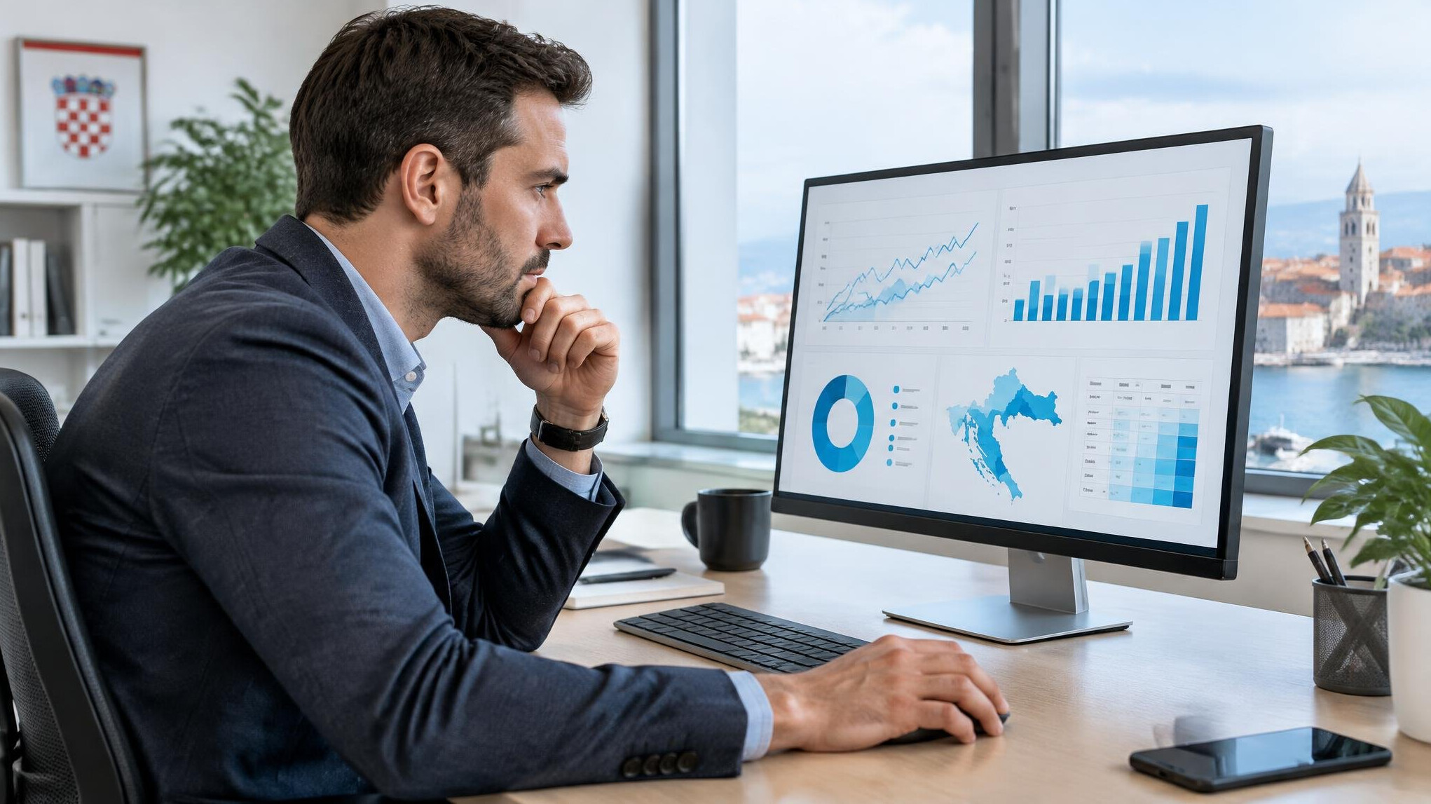 Man studying data visualizations on a desktop monitor