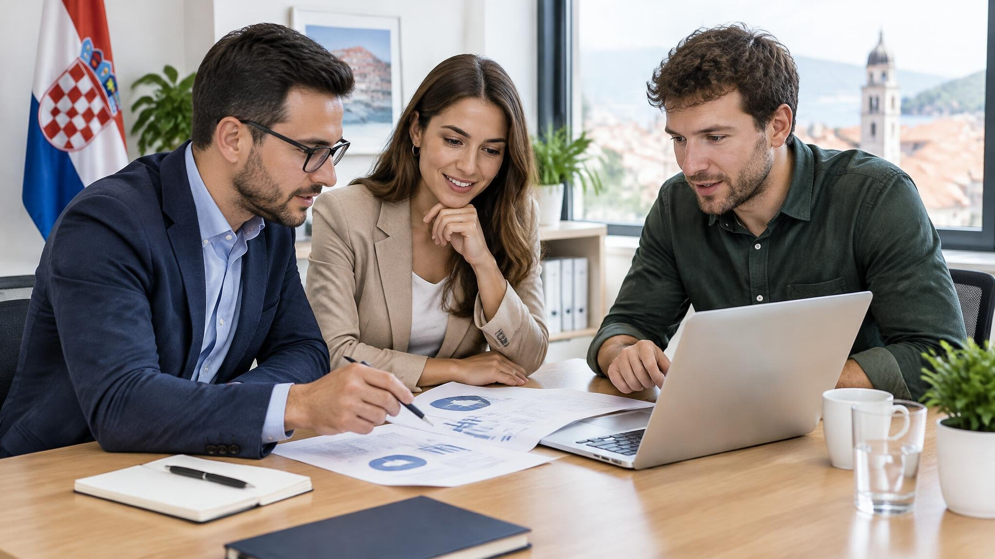 Small team discussing documents around a table